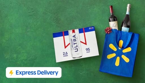 A blue Walmart bag against a green background. Two bottles of wine peek out of the bag and a case of beer is next to it.