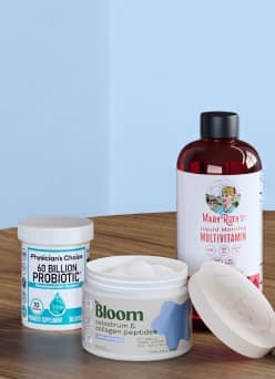 Physician’s Choice 60 billion probiotics, Mary Ruth’s liquid multivitamin, Bloom collagen peptides.