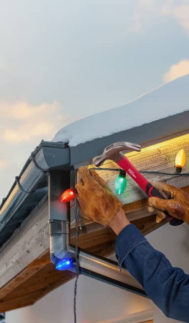 A person hanging colorful Christmas lights on a house roof using a hammer while wearing gloves.